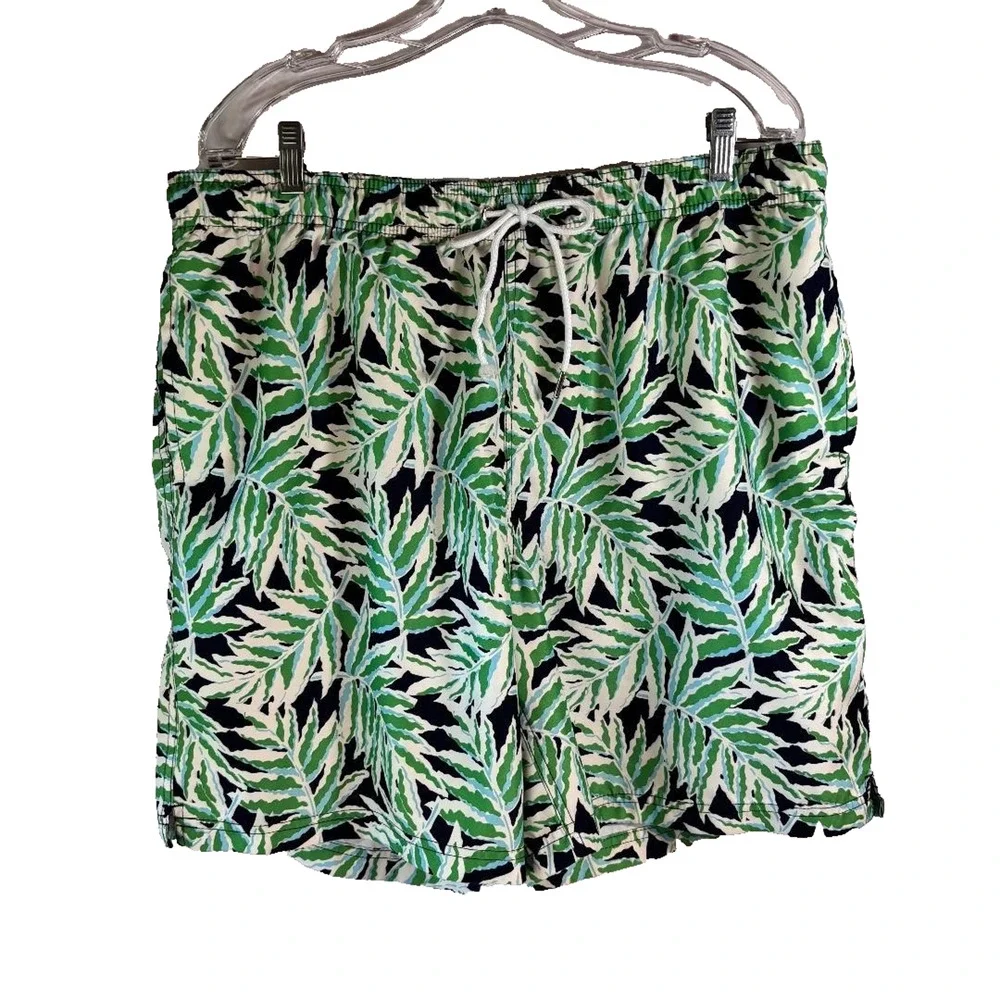 Lands' End Swim Trunks Mens Size‎ XL 40-42 Navy & Green Palm Leaves